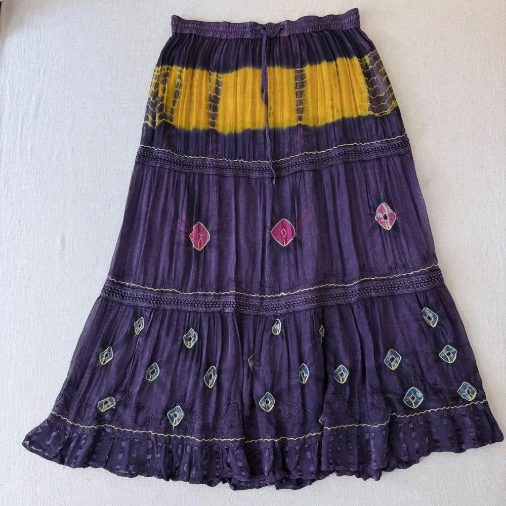 Boho Purple Yellow Tie Dye Embroidered Tiered Maxi‎ Skirt One Size Rayon